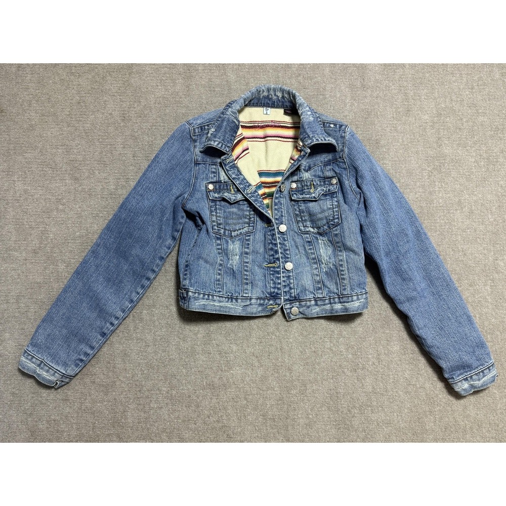 Younique‎ Denim Jacket Womens Small Western Distressed Stripe Lined Boho Coat